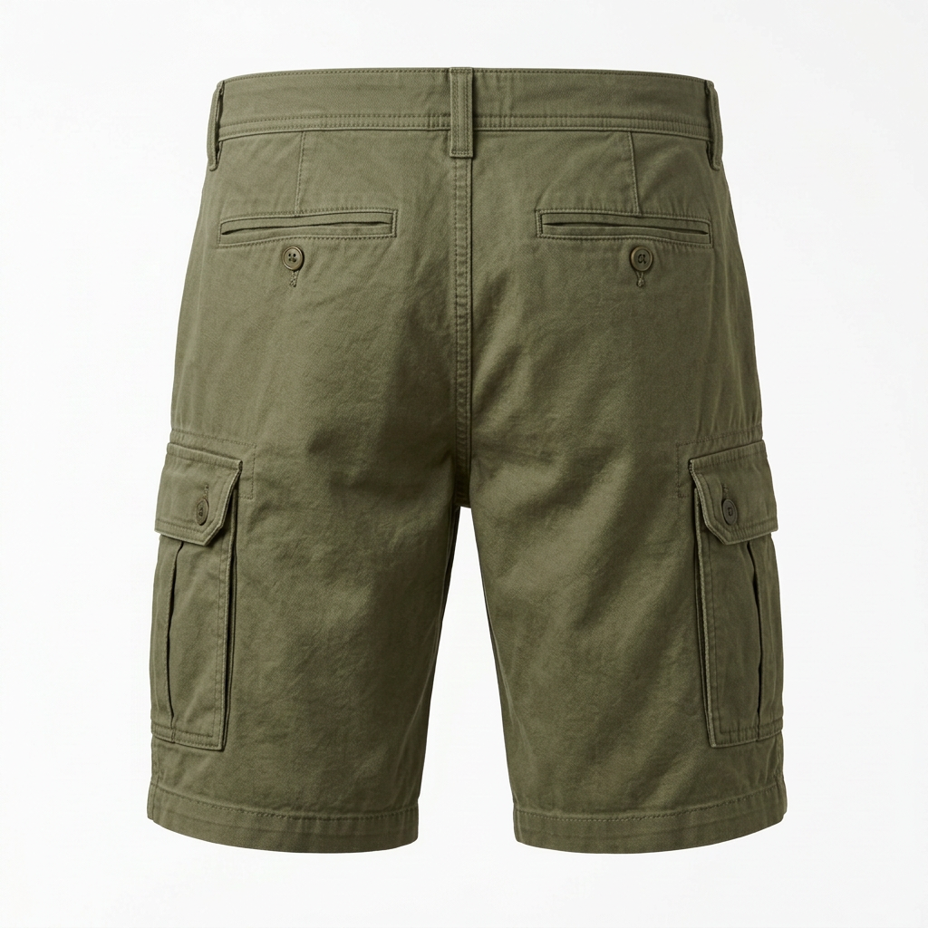 AI concept of olive cargo shorts, rear view