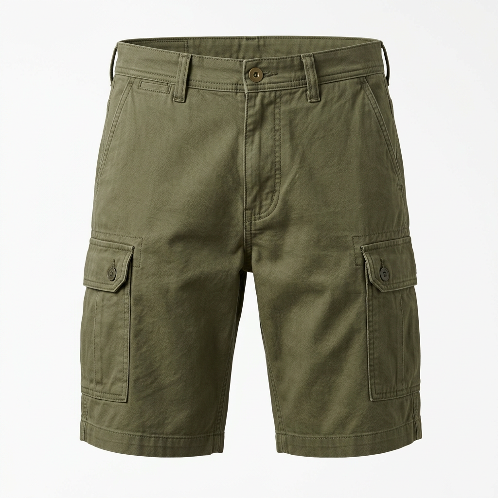 AI concept of olive cargo shorts, front view