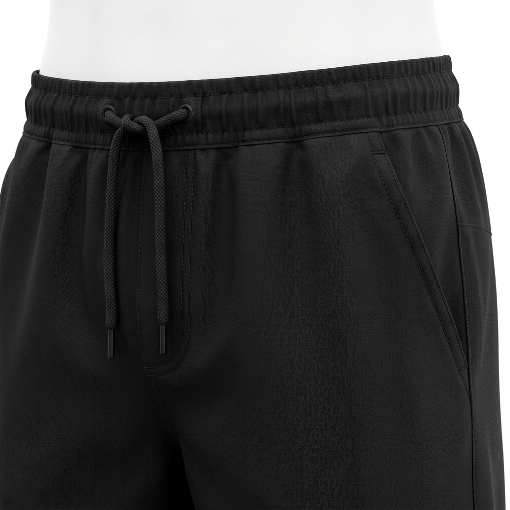 AI concept of black drawstring shorts, waistband and pocket detail