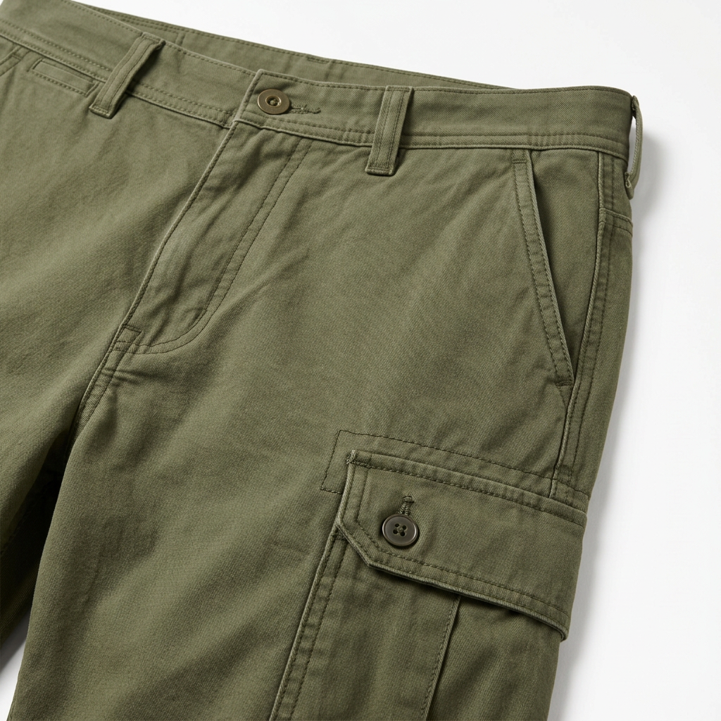 AI concept of olive cargo shorts, cargo pocket and waistband detail