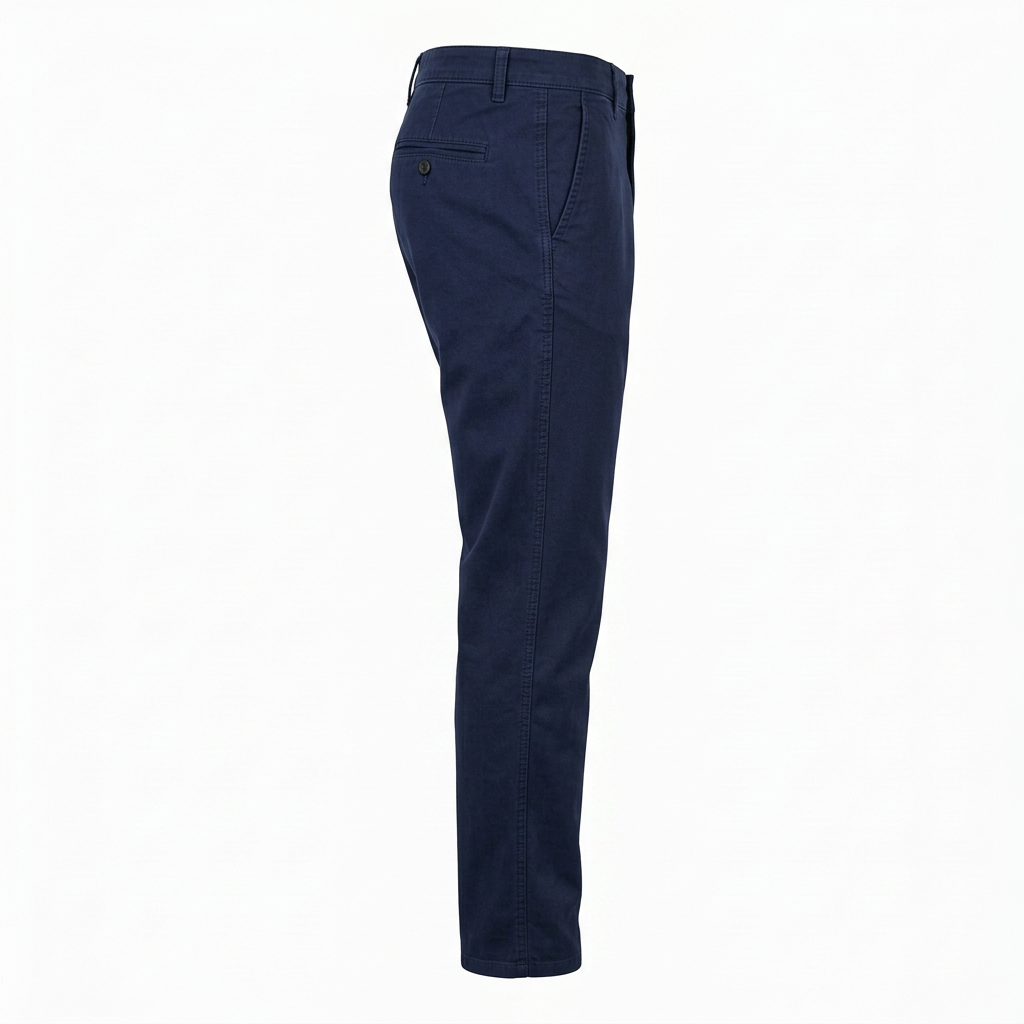 AI concept of navy straight-leg chino trousers, side view