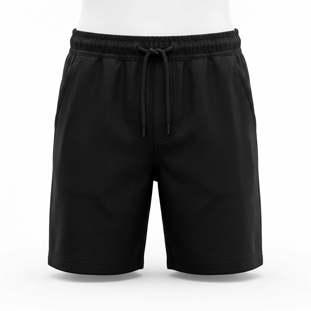 AI concept of black drawstring shorts, front view