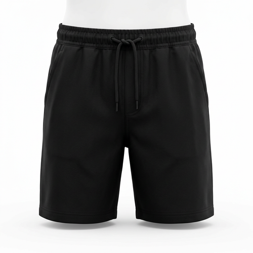 AI concept of black drawstring shorts, front view