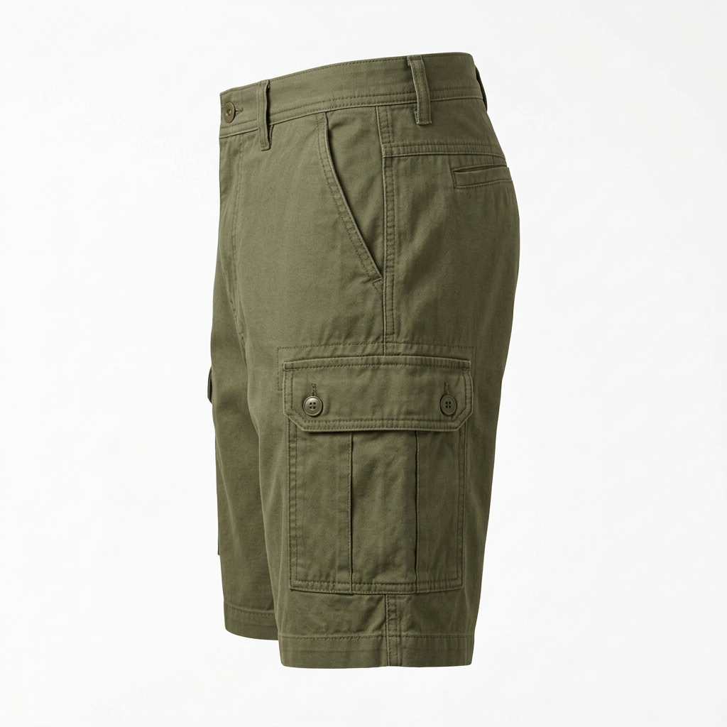 AI concept of olive cargo shorts, side view