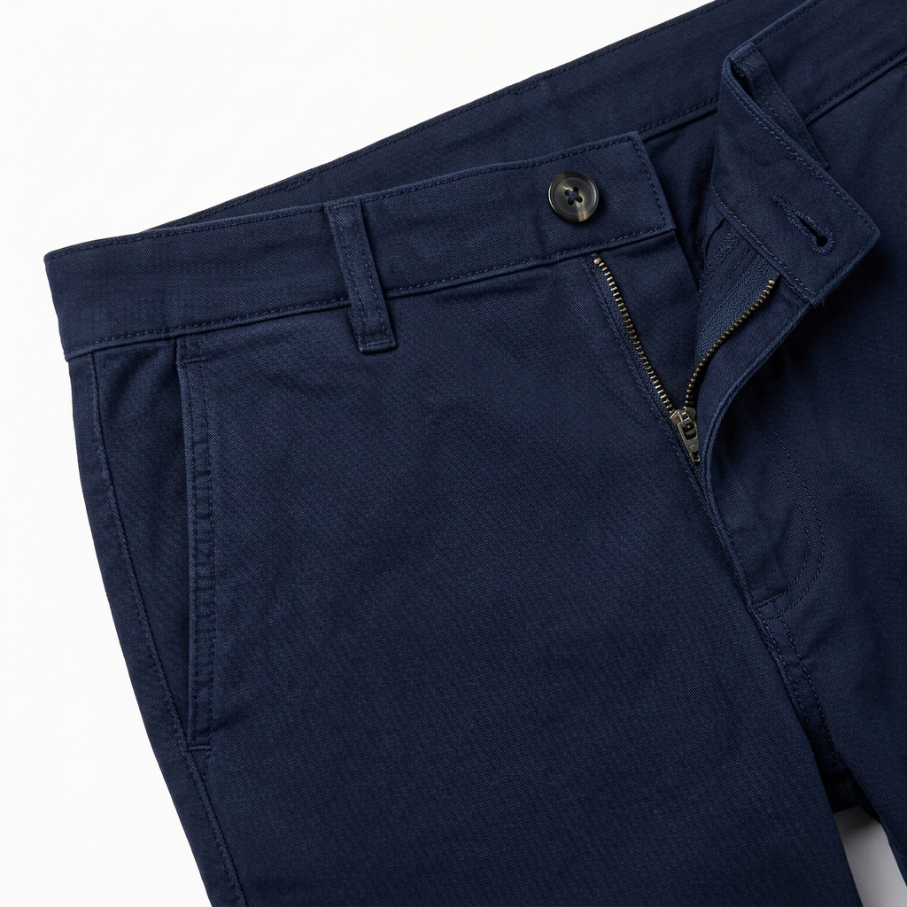AI concept of navy straight-leg chino trousers, waistband and pocket detail