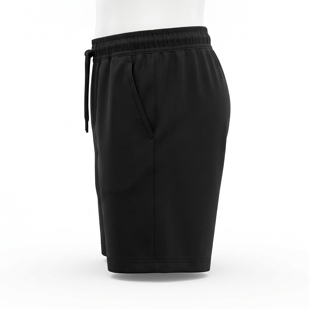 AI concept of black drawstring shorts, side view