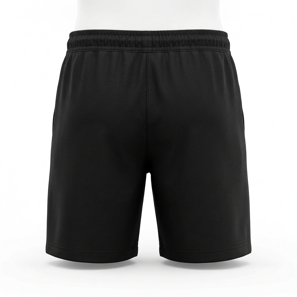 AI concept of black drawstring shorts, rear view