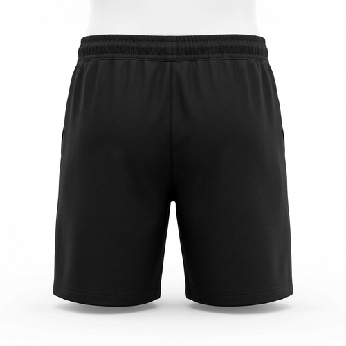 AI concept of black drawstring shorts, rear view